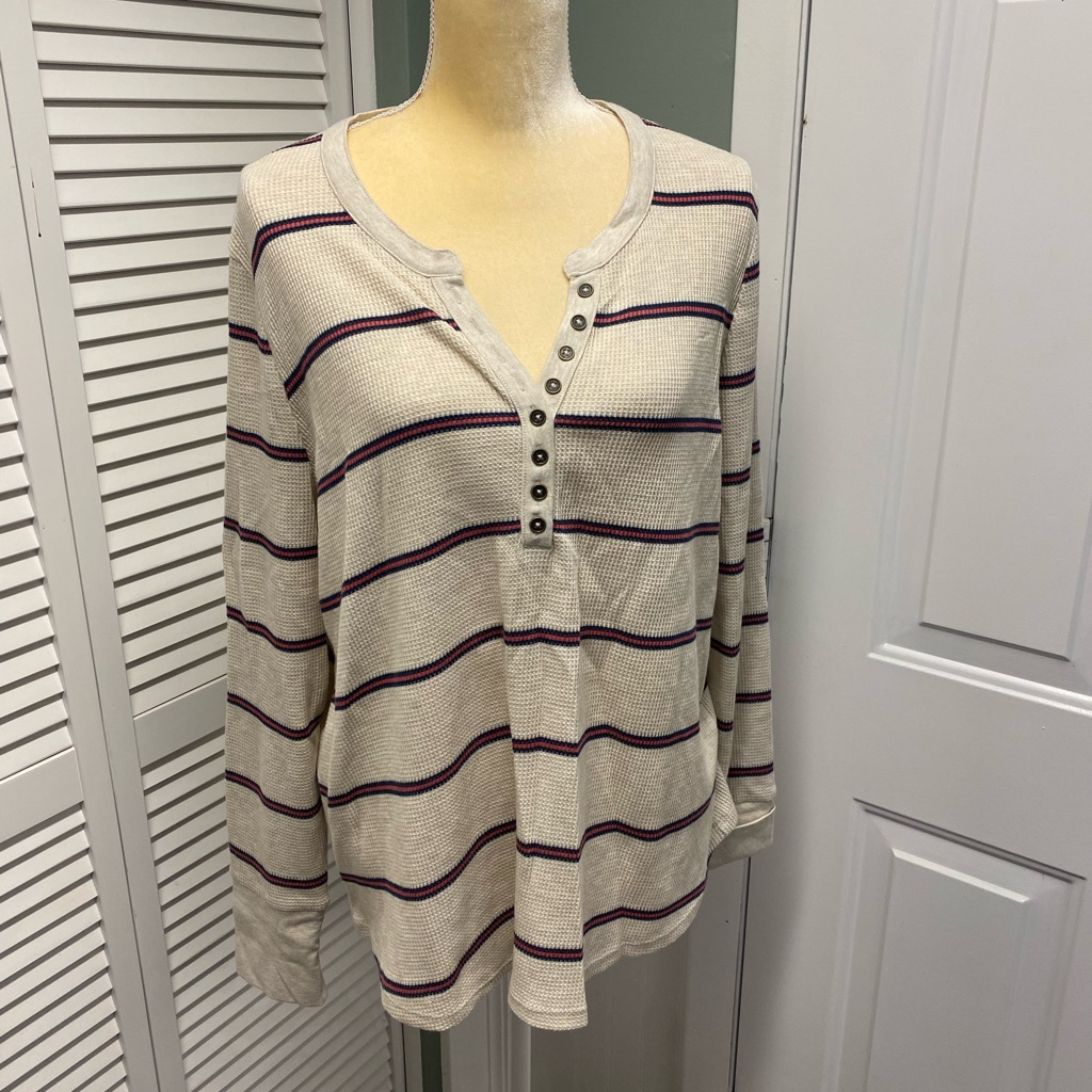 Market & Spruce Women's Waffle Knit Henley Shirt Tan With Stripes Long Sleeve — image 2 of 8